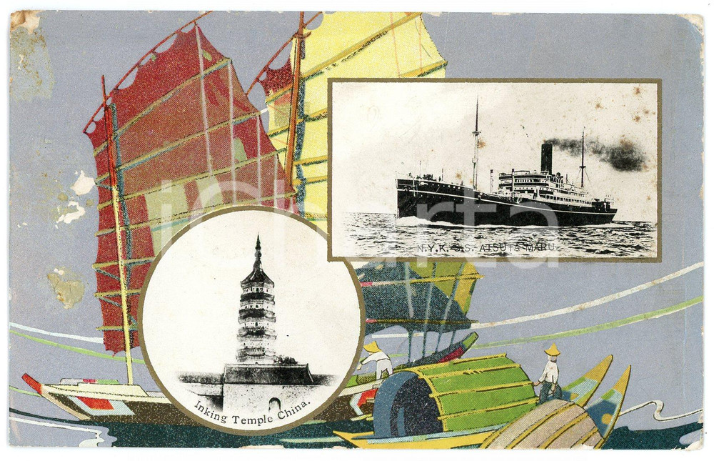 1920 ca JAPAN Nippon Yusen Kaisha S.S. ATSUTA MARU Inking Temple China *Postcard  Cartolina postale d'epoca, illustrata.Non viaggiata.CONDIZIONI: POOR (residui cartacei e di cola al recto e al verso, abrasioni)FORMATO: FP    originale e autentica 1