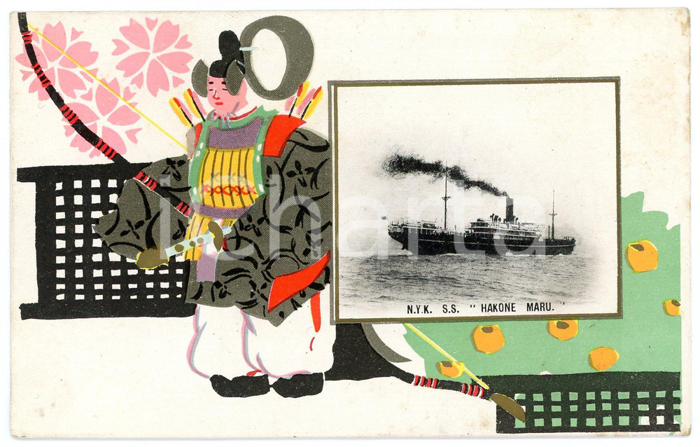 1920 ca JAPAN NYK Nippon Yusen Kaisha - S.S. HAKONE MARU *Postcard ship samurai  Cartolina postale d'epoca, illustrata.Non viaggiata.CONDIZIONI: GFORMATO: FP    originale e autentica 1