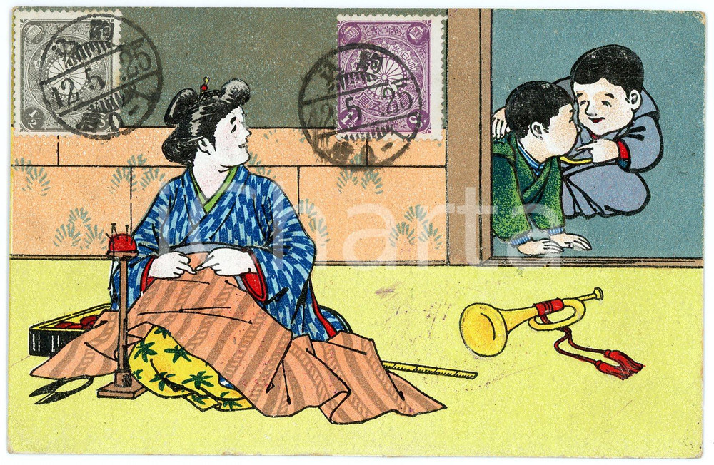 1909 JAPAN CUSTOMS Seamstress with children - Illustrated embossed postcard  Cartolina postale d'epoca, illustrata, viaggiata nel 1909 (timbrature successive del 1925)CONDIZIONI: POOR (piegature al lato sinistro)FORMATO: FP    originale e autentica 1