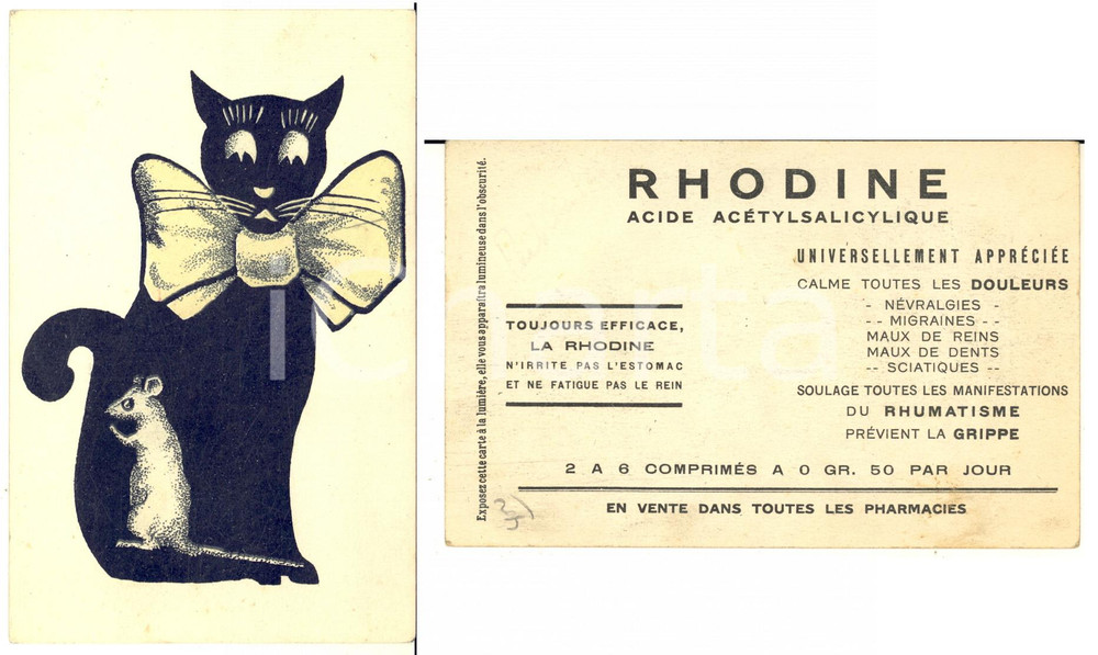 1910 ca ANIMALS Cat and mouse - Old luminous postcard adv RHODINE  Cartolina d'epoca luminosa (esposta alla luce, si illumina successivamente al buio), con pubblicit&agrave; farmaceutica al verso.CONDIZIONI: G (minime piegature)FORMATO: FP    originale e autentica 1