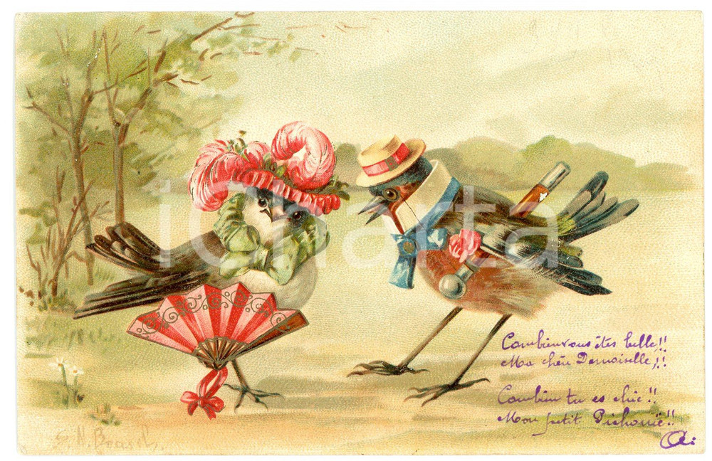 1910 ca ANIMAUX Poulets amoureux - Carte postale anthropomorphe ill. S.N.BRASCH  Cartolina postale d'epoca, scritta ma non viaggiata.CONDIZIONI: G (minime smussature angolari)FORMATO: FP    originale e autentica 1