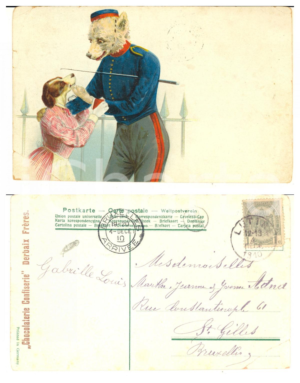 1910 ANIMAUX Chien soldat - Carte postale anthropomorphe Chocolaterie DERBAIX  Cartolina postale d'epoca, viaggiata.Indicazione pubblicitaria Chocolaterie Confiserie Derbaix Fr&egrave;res.CONDIZIONI: POOR (piegature angolari; piccolo strappo laterale))FORMATO: FP    originale e autentica 1