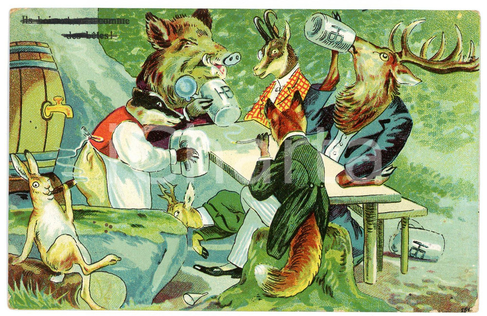 1913 HUMOUR Woodland animals drinking beer ANTHROPOMORPHIC Postcard  Cartolina postale d'epoca, viaggiata.CONDIZIONI: FAIR (carta lenta, lievi smussature agli angoli)FORMATO: FP    originale e autentica 1
