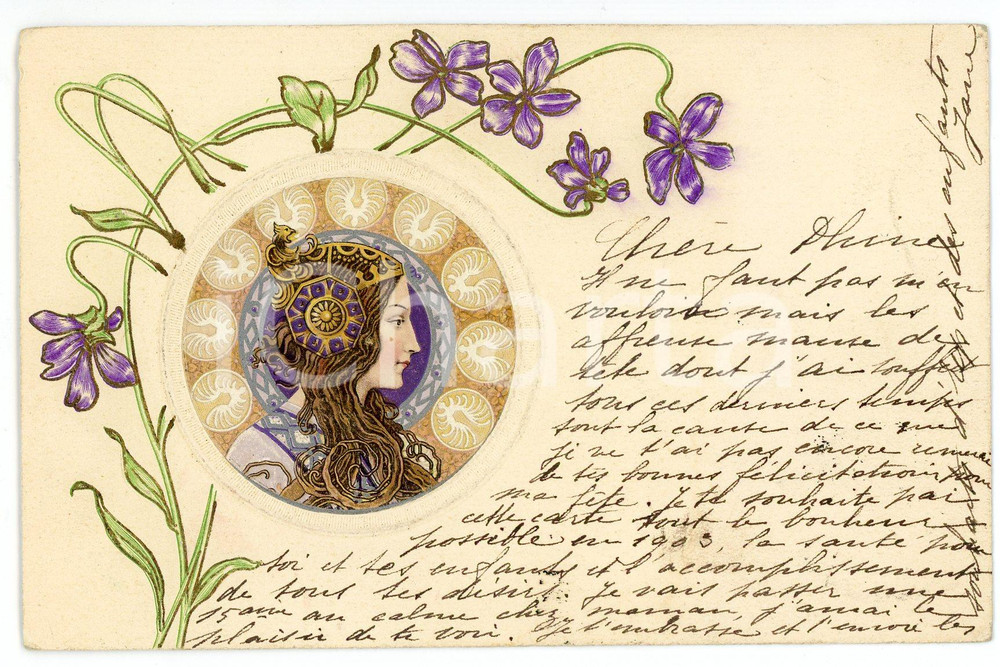 1902 ART NOUVEAU Alphonse MUCHA - Lady - Illustrated embossed postcard (3)  Cartolina postale d'epoca, illustrata, a rilievo, viaggiata.CONDIZIONI: GFORMATO: FP    originale e autentica 1