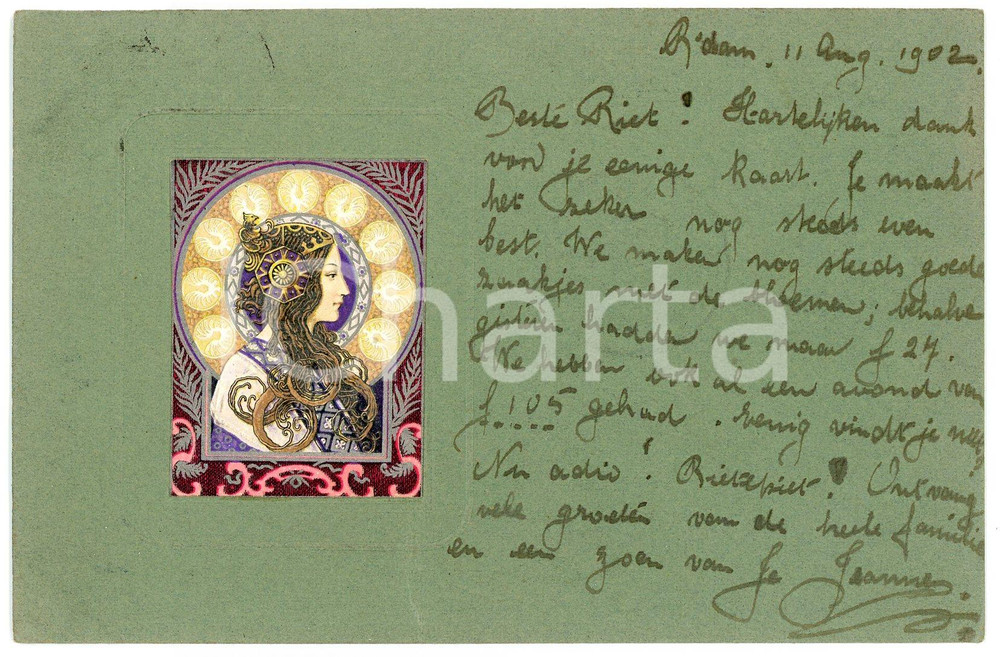 1902 ART NOUVEAU Alphonse MUCHA - Lady - Illustrated embossed postcard (2)  Cartolina postale d'epoca, illustrata, a rilievo, viaggiata.CONDIZIONI: GFORMATO: FP    originale e autentica 1