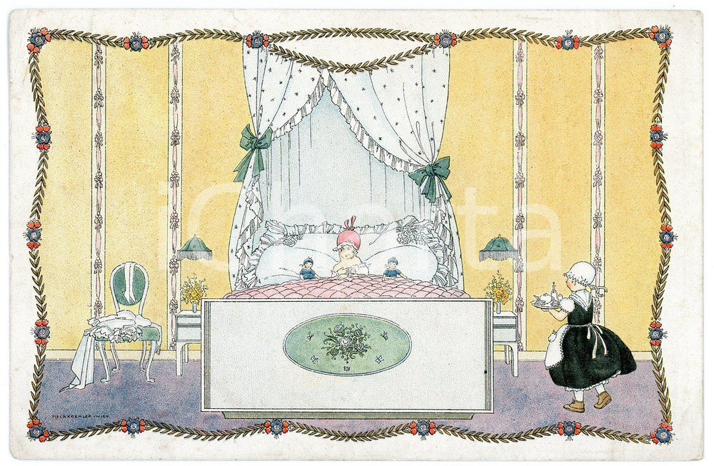 1920 ca WIEN ART DECO Artist Mela KOEHLER - Breakfast in bed - Postcard  Cartolina postale d'epoca, illustrata, non viaggiata.CONDIZIONI: FAIR (piegature angolari)FORMATO: FP    originale e autentica 1
