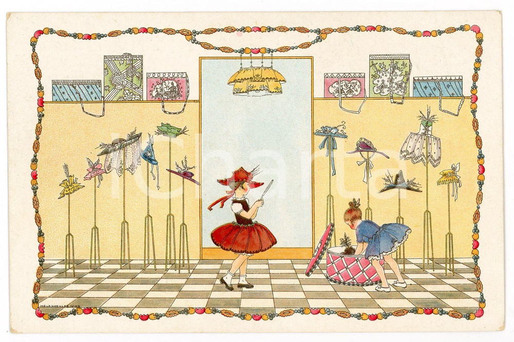 1920 ca WIEN ART DECO Artist Mela KOEHLER Little girls trying on hats - Postcard  Cartolina postale d'epoca, illustrata, non viaggiata.CONDIZIONI: G (piccole abrasioni angolari)FORMATO: FP    originale e autentica 1