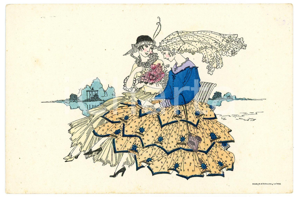 1910 ca WIEN ART DECO Artist Mela KOEHLER - Two ladies - Illustrated postcard  Cartolina postale d'epoca, illustrata, non viaggiata.CONDIZIONI: GFORMATO: FPEDIZIONE: M. M. 1188    originale e autentica 1