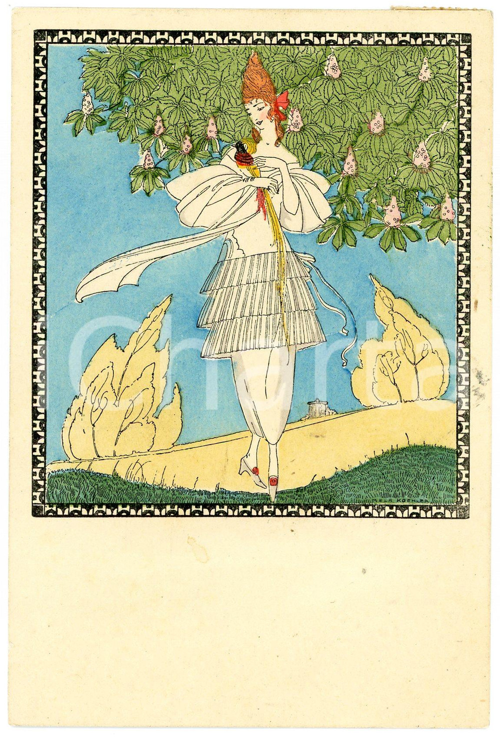 1910 ca WIEN ART DECO Artist Mela KOEHLER - Woman with bird - Postcard  Cartolina postale d'epoca, illustrata, viaggiata nel 1922.CONDIZIONI: GFORMATO: FPEDIZIONE: M. M. 1286    originale e autentica 1