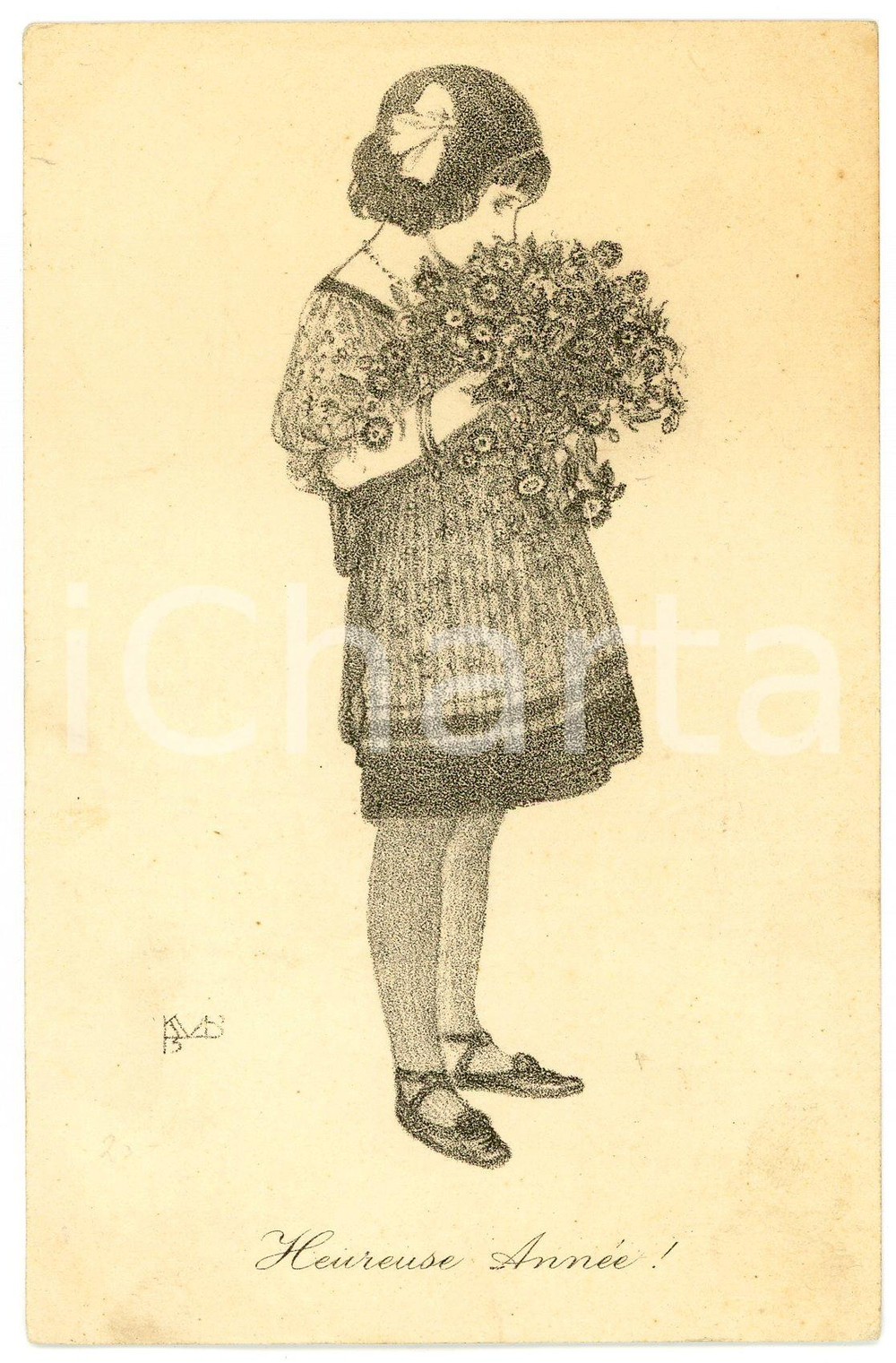 1921 HEUREUSE ANNÉE Little girl with flowers - Ill. by Karel VAN BELLE Postcard  Cartolina postale d'epoca, viaggiata.CONDIZIONI: FAIR (lievi smussature agli angoli)FORMATO: FP    originale e autentica 1