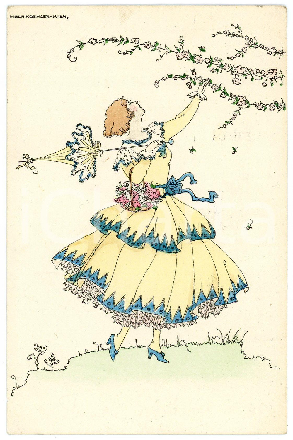 1920 ca ART DECO Artist Mela KOEHLER - Lady with parasol - Postcard  Cartolina postale d'epoca, illustrata, viaggiata nel 1929.CONDIZIONI: GFORMATO: FP    originale e autentica 1