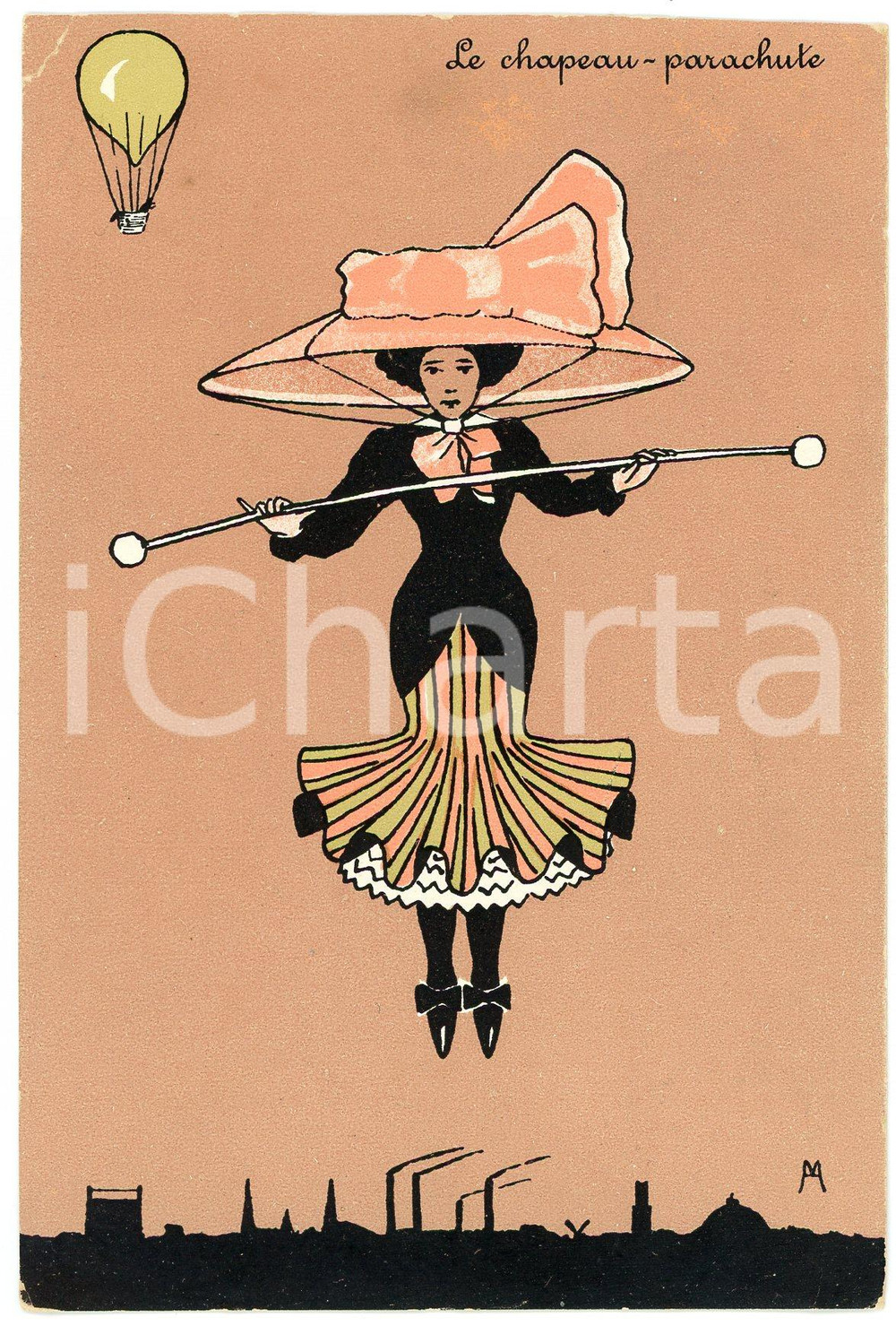 1909 FRANCE  Illustrateur MEUNIER - Le chapeau parachute - Carte postale  Cartolina postale d'epoca, illustrata, viaggiata.CONDIZIONI: FAIR (piegatura angolare)FORMATO: FP    originale e autentica 1