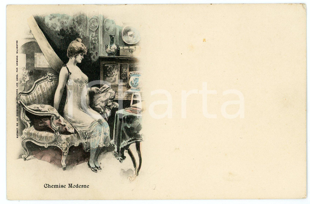 1900 ca EROTISME NU "La chemise à travers les ages" - Moderne *Carte postale  Cartolina postale d'epoca, appartenente alla serie "La chemise &agrave; travers les ages" di Armand Silvestre.Non viaggiata.CONDIZIONI: GFORMATO: FP    originale e autentica 1