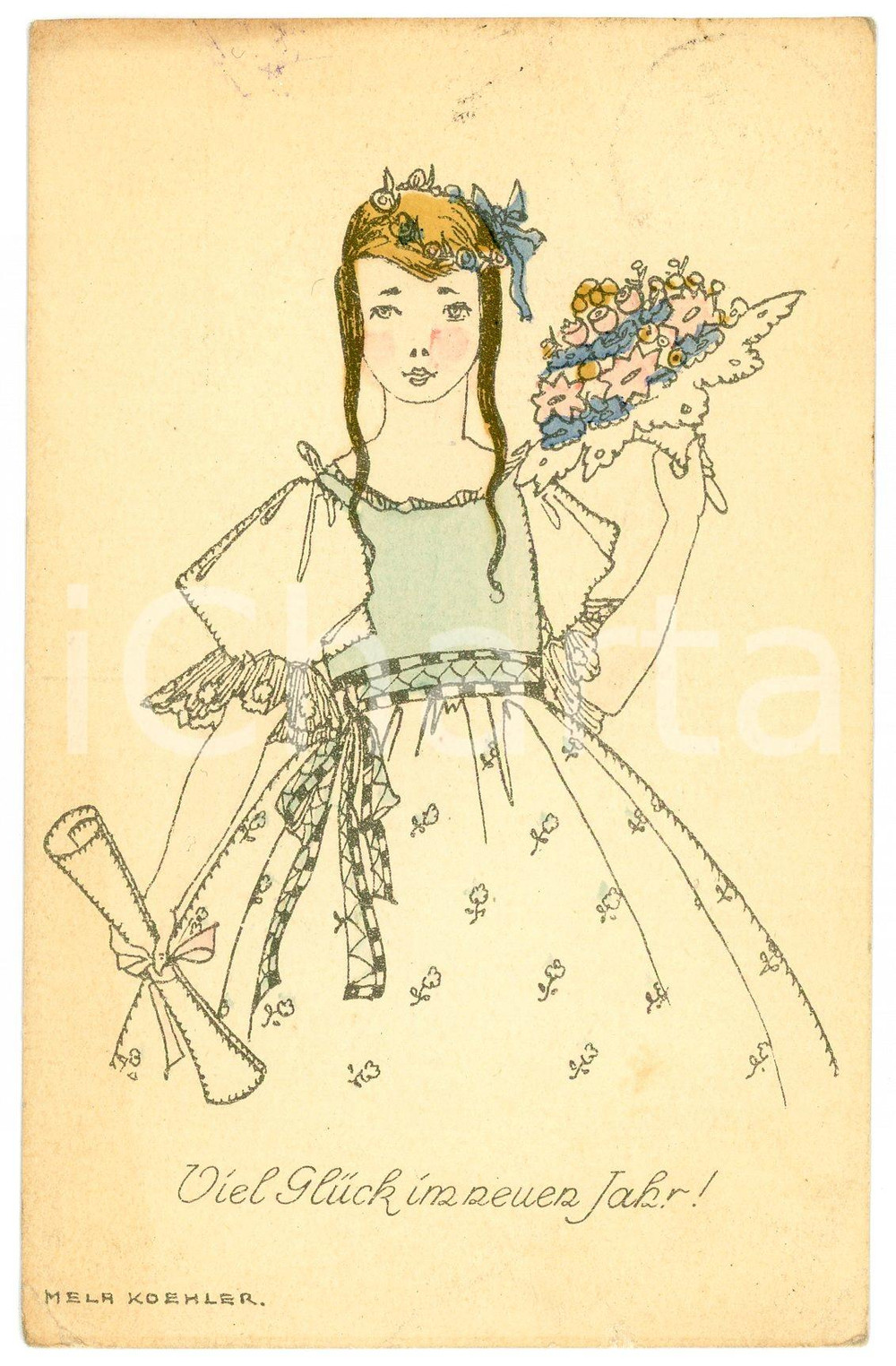 1927 Artist Mela KOEHLER - Young girl with a bouquet - New Year postcard  Cartolina postale d'epoca, illustrata, viaggiata.CONDIZIONI: G (ma piccola piegatura angolare)FORMATO: FP    originale e autentica 1