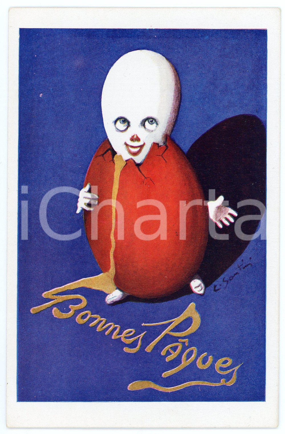 1920 ca BONNES PAQUES Anthropomorphic egg - Artist C. SANTINI - Postcard Cartolina postale d'epoca, non viaggiata.FORMATO: FPCONDIZIONI: G    originale e autentica 1