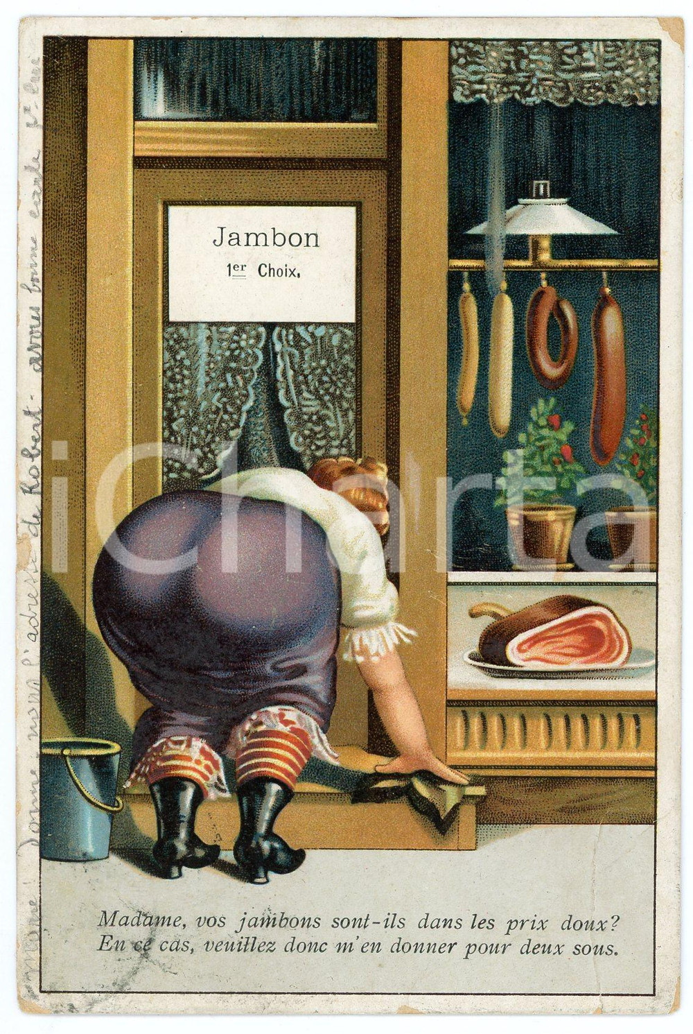 1911 FRANCE Jambon 1er choix - Woman bending down - Postcard  Cartolina postale d'epoca, viaggiata.CONDIZIONI: G (minima smussatura marginale e angolare)FORMATO: FP    originale e autentica 1