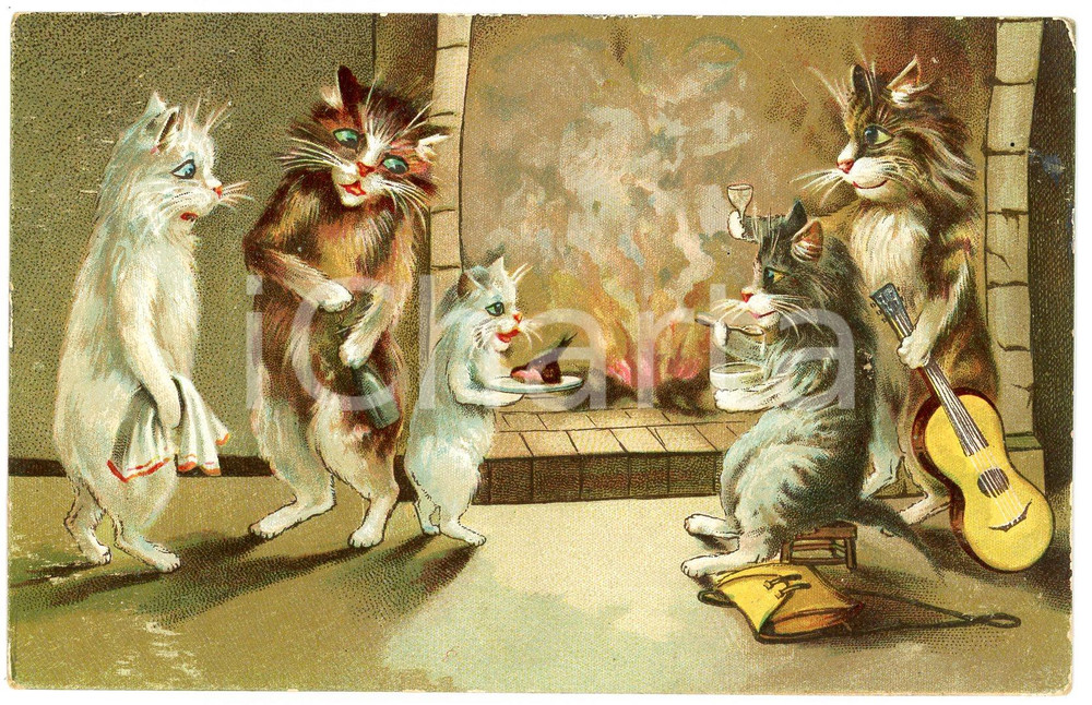 1913 ANIMALS Cats reveling in front of the fireplace - Anthropomorphic Postcard  Cartolina postale d'epoca, viaggiata.CONDIZIONI: FAIR (smussature agli angoli e lievi sbrecciature ai margini)FORMATO: FP    originale e autentica 1