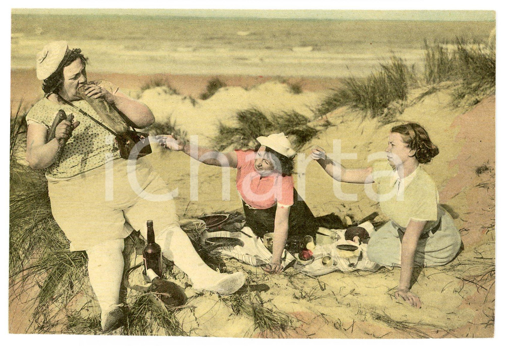 1950ca FRANCE - HUMOUR Fat woman eating a baguette during a picnic - Postcard FP  Cartolina postale d'epoca, non viaggiata.CONDIZIONI: FAIRFORMATO: FP    originale e autentica 1