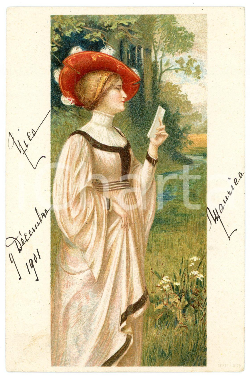1901 NICE Grand Hotel des Palmieres - Femme lisant une lettre - Carte postale  Cartolina postale d'epoca, viaggiata.Al verso timbro del Grand Hotel des Palmieres di Nizza. CONDIZIONI: FAIRFORMATO: FP    originale e autentica 1