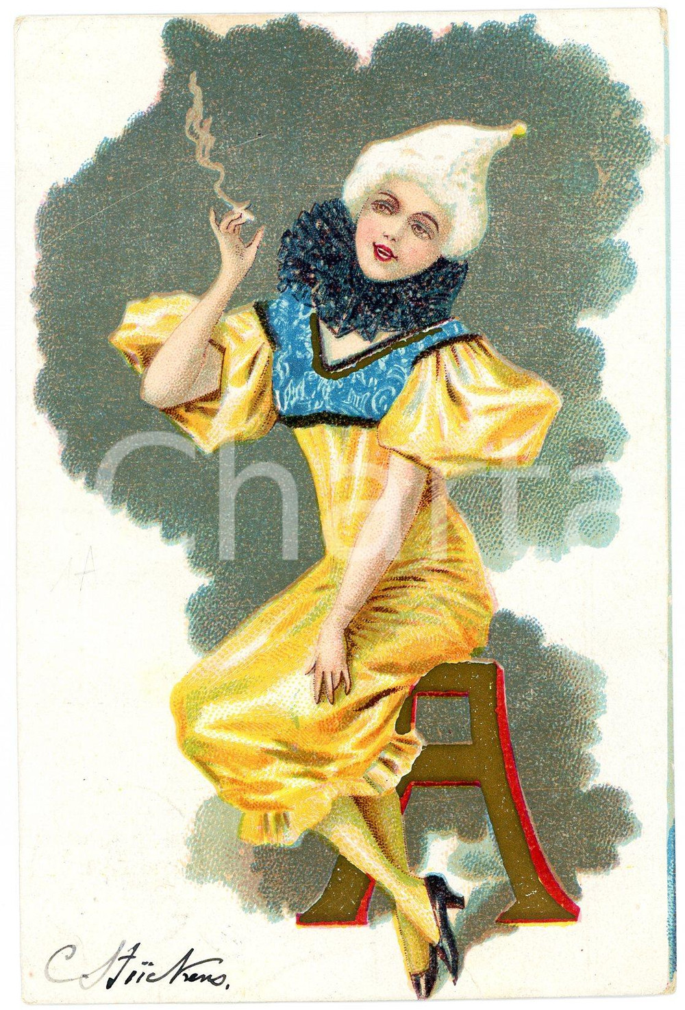 1907 ALPHABET - LADIES - Letter A - Woman smoking - Postcard  Cartolina postale d'epoca, viaggiata.CONDIZIONI: G FORMATO: FP    originale e autentica 1