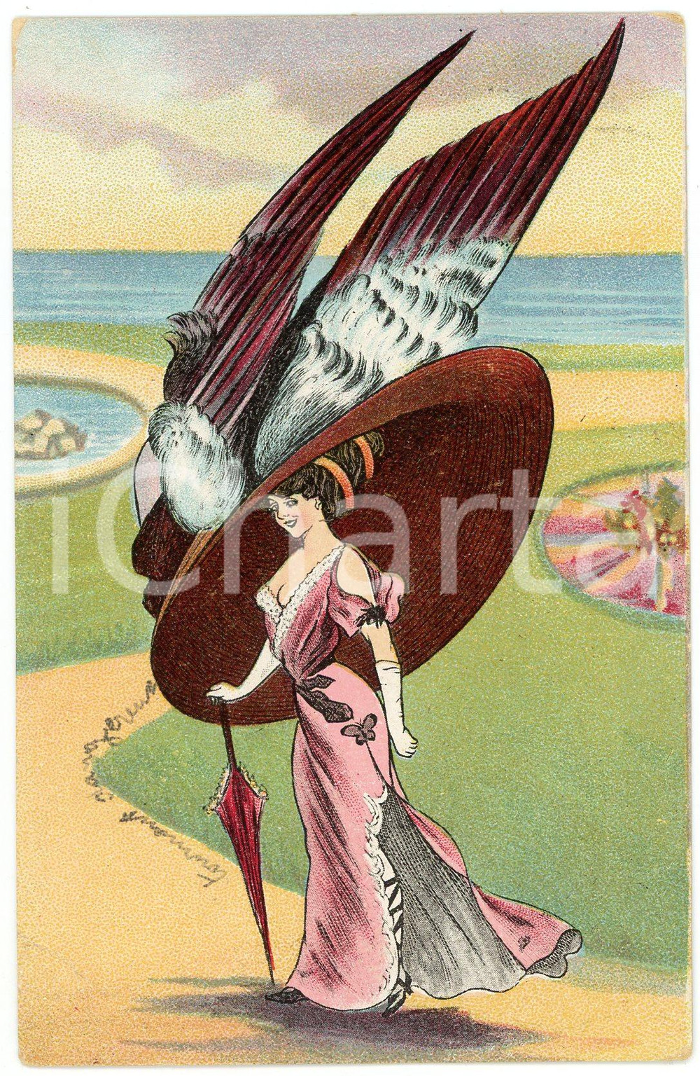 1909 FRANCE - HUMOUR Woman with giant hat ILLUSTRATED Postcard FP VG  Cartolina postale d'epoca, viaggiata.CONDIZIONI: POOR (profonda piegatura all'angolo inferiore sinistro)FORMATO: FP    originale e autentica 1