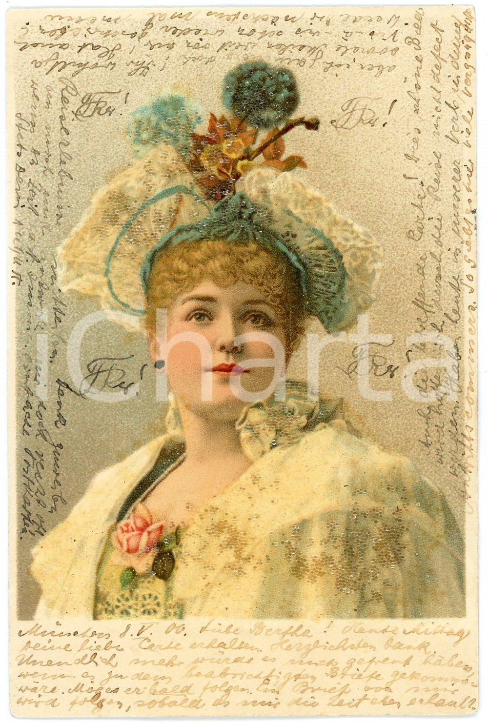 1900 LADIES Blonde woman with hat - Glitter vintage postcard  Cartolina postale d'epoca, con applicazione di brillantini, viaggiata.CONDIZIONI: F (piegatura centrale)FORMATO: FP    originale e autentica 1