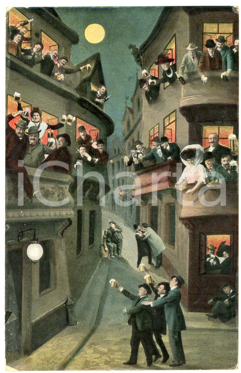 1911 HUMOUR Drunk men and women partying on the street - Postcard FP VG  Cartolina postale d'epoca, viaggiata.CONDIZIONI: POOR (pellicola superficiale parzialmente staccata in pi&ugrave; punti; piegature angolari; abrasioni angolari)FORMATO: FP    originale e autentica 1