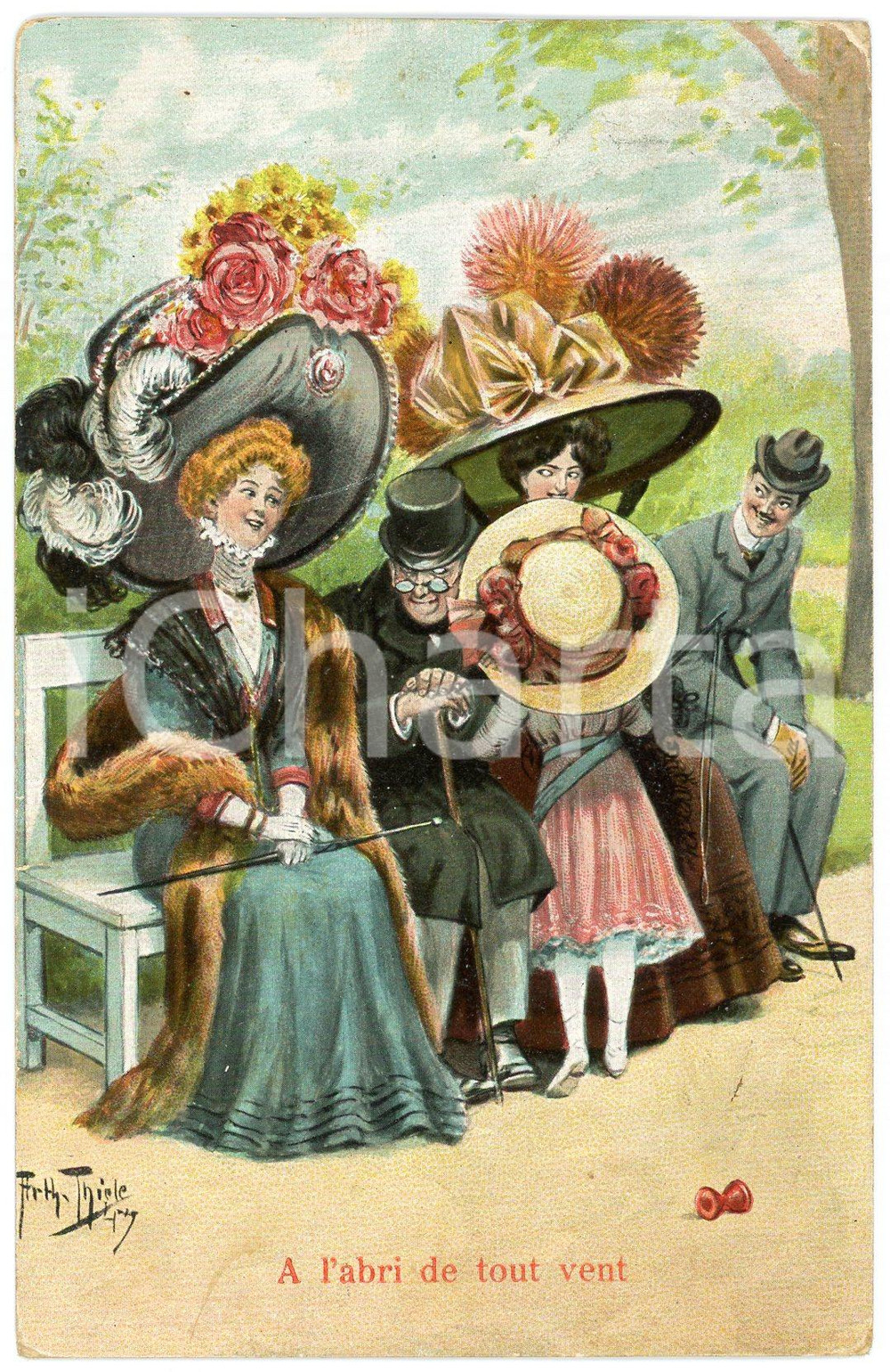 1919 Artist Arthur THIELE Woman with giant hat - A l'abri de tout vent *Postcard  Cartolina postale d'epoca, viaggiata ma con affrancatura rimossa.CONDIZIONI: FAIR (smussatre agli angoli)FORMATO: FP    originale e autentica 1