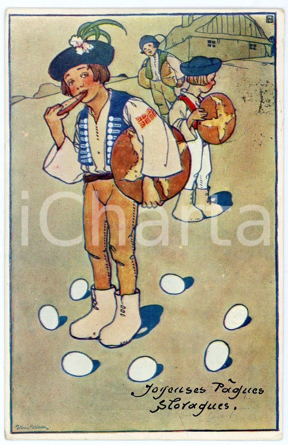 1910 ca VELIKONOČNI POZDRAV Happy Easter - Kids with easter eggs - Postcard FP  Cartolina postale d'epoca, viaggiata.CONDIZIONI: FAIR (lievi smussature agli angoli)FORMATO: FP    originale e autentica 1