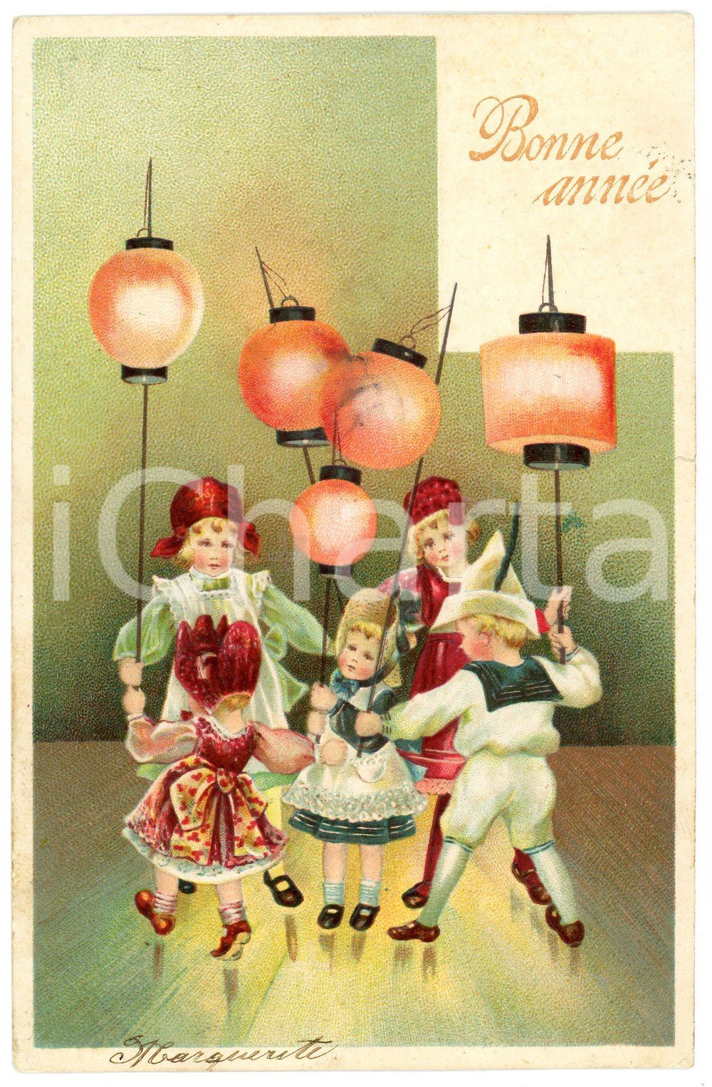 1900ca BELGIQUE - BONNE ANNÉE Enfants en costumes typiques et lanternes POSTCARD  Cartolina postale in rilievo d'epoca, viaggiata.CONDIZIONI: FAIRFORMATO: FP    originale e autentica 1
