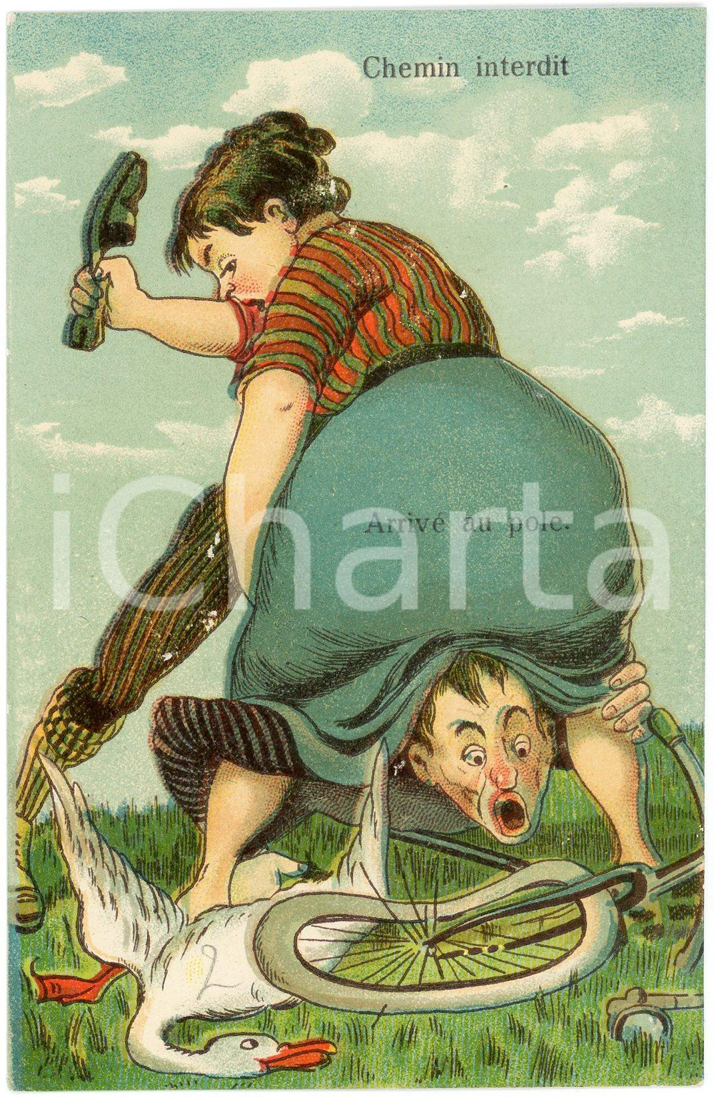 1910 ca FRANCE - HUMOUR Fat woman crushing a man ILLUSTRATED Postcard FP VG  Cartolina postale d'epoca, viaggiata.Al verso la scritta in francese "Chemin interdit - Arriv&eacute; au pole".CONDIZIONI: FAIR (affrancatura rimossa)FORMATO: FP    originale e autentica 1