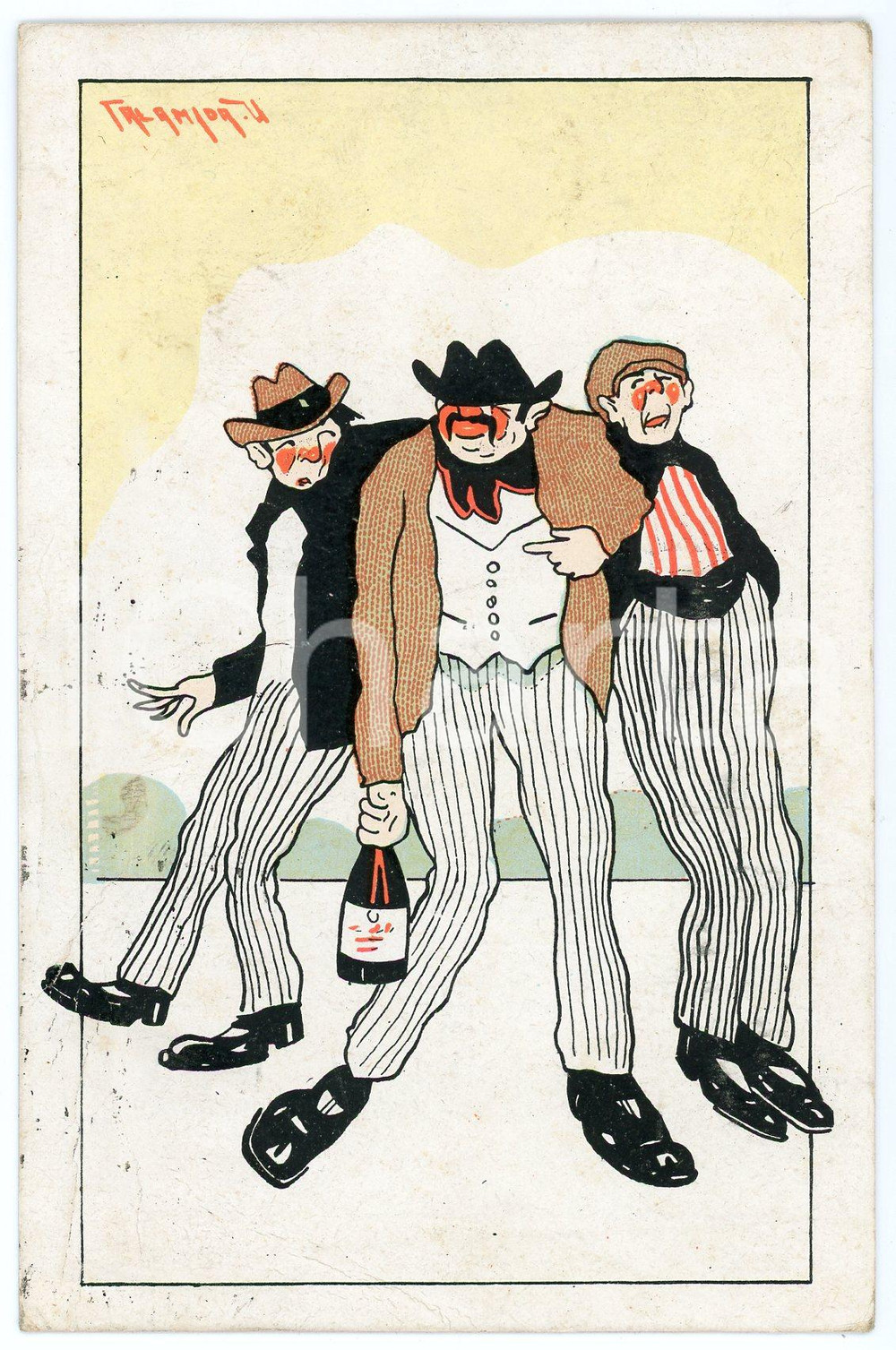 1926 Artista CALAMIDA Tre uomini ubriachi - Cartolina ILLUSTRATA FP VG  Cartolina postale d'epoca, viaggiata. FAIR/discreto Lievi smussature agli angoli Formato: FP originale e autentica 1