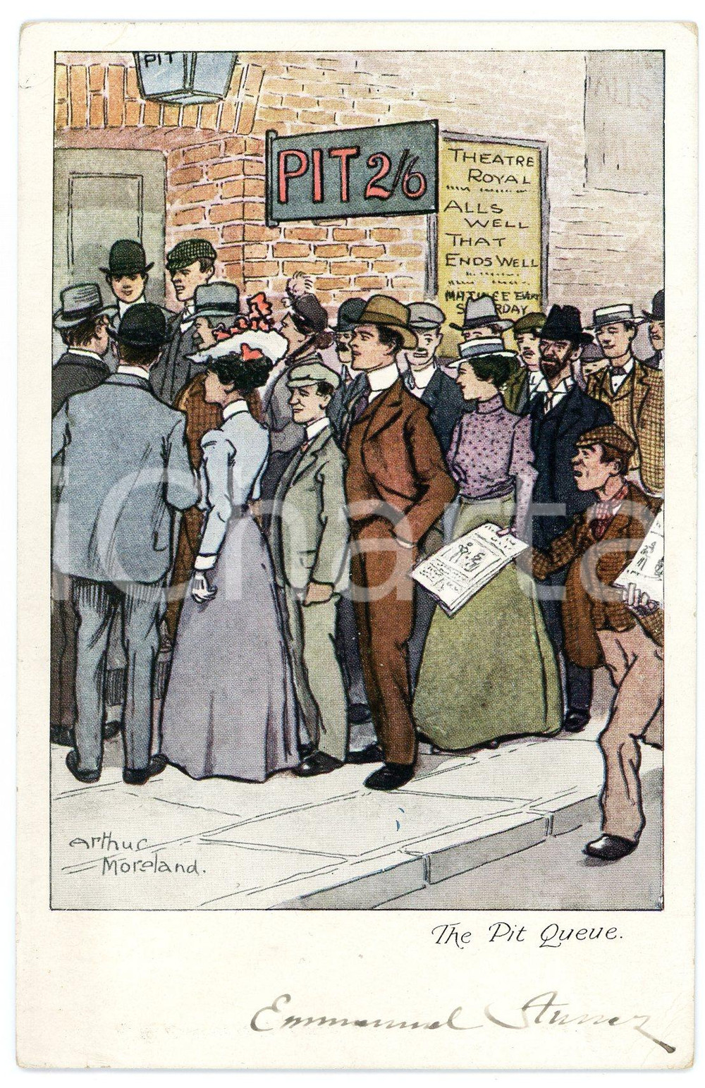 1904 Artist Arthur MORELAND The pit queue ILLUSTRATED Postcard FP VG  Cartolina postale d'epoca, viaggiata.CONDIZIONI: FAIR (lievi smussature agli angoli)FORMATO: FP    originale e autentica 1