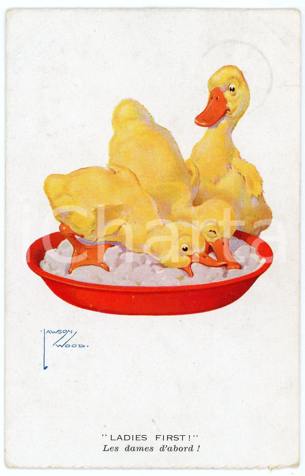 1932 HUMOUR Ladies first - Les dames d'abord - Ducks - ill. Lawson WOOD Postcard  Cartolina postale d'epoca, viaggiata.CONDIZIONI: G (lieve piega al lato destro)FORMATO: FP    originale e autentica 1