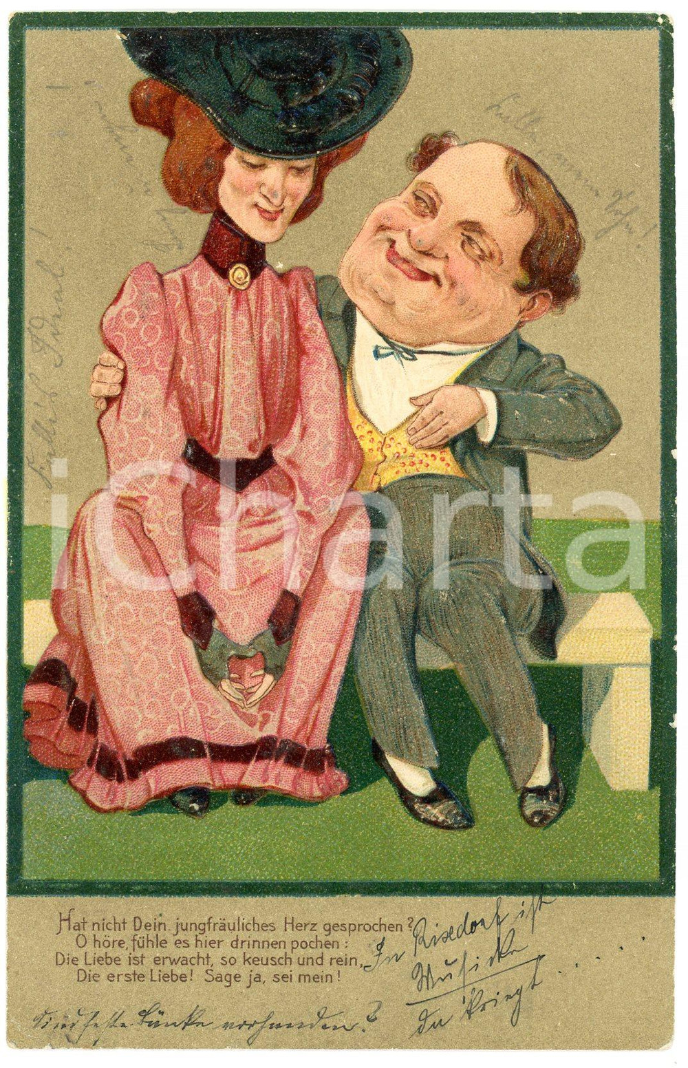 1907 GERMANY Romantic couple on a bench - Vintage embossed postcard  Cartolina postale d'epoca, viaggiata.CONDIZIONI: G (minime smussature angolari)FORMATO: FP    originale e autentica 1