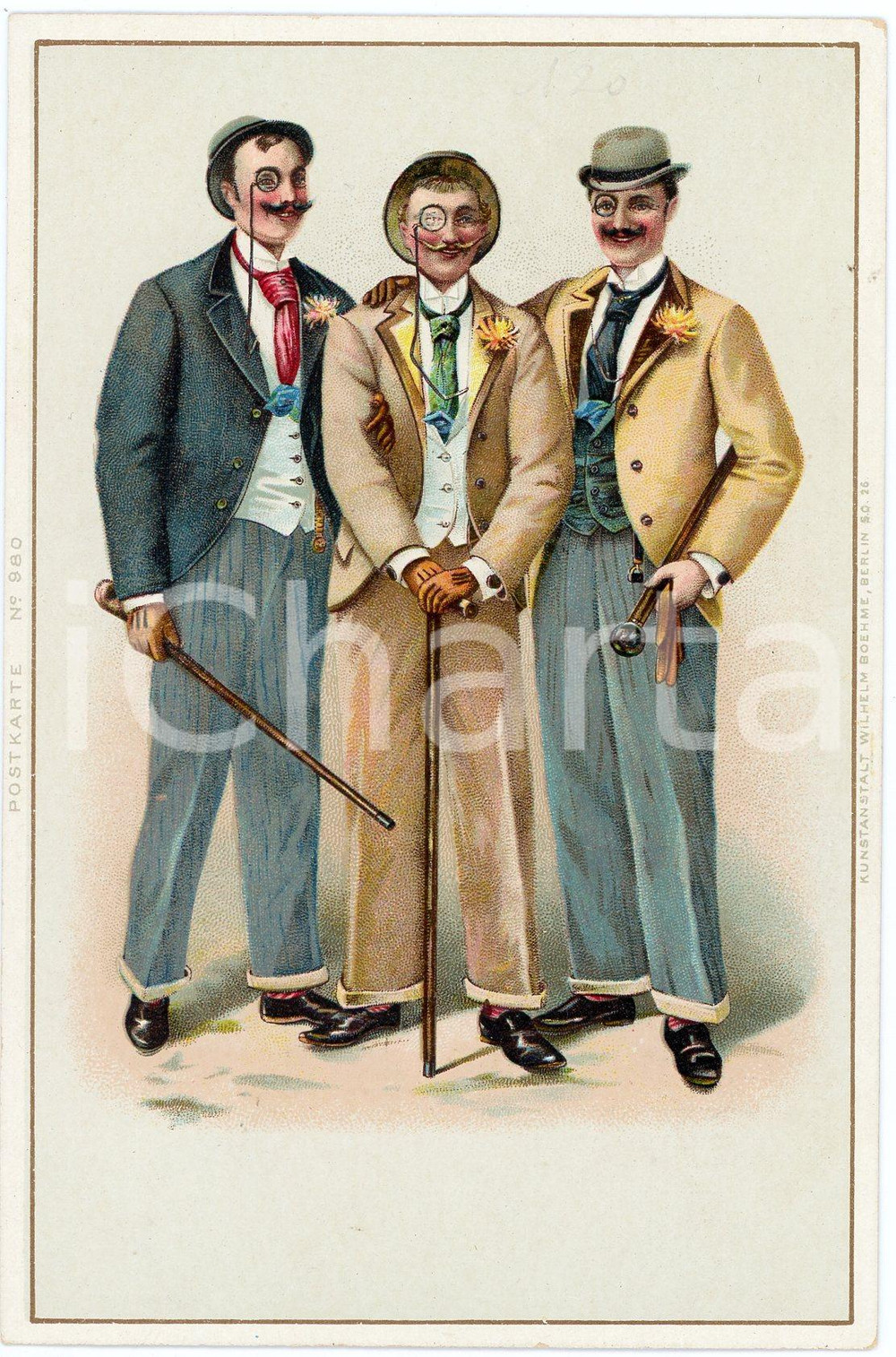 1900 ca DEUTSCHLAND Three gentleman with monocle ILLUSTRATED Postcard FP NV  Cartolina postale d'epoca FAIR/discreto Lievi smussature agli angoli Formato: FP originale e autentica 1