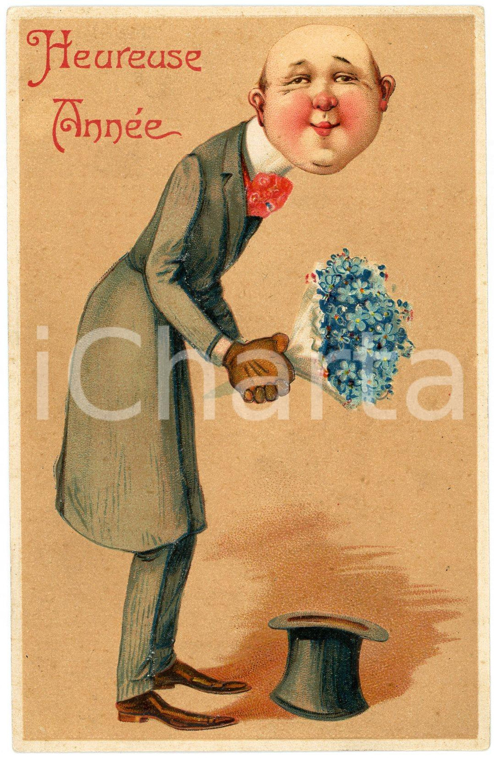 1910 ca HEUREUSE ANNEE Man with flowers - Humour - Embossed postcard  Cartolina postale d'epoca, non viaggiata.CONDIZIONI: GFORMATO: FP    originale e autentica 1