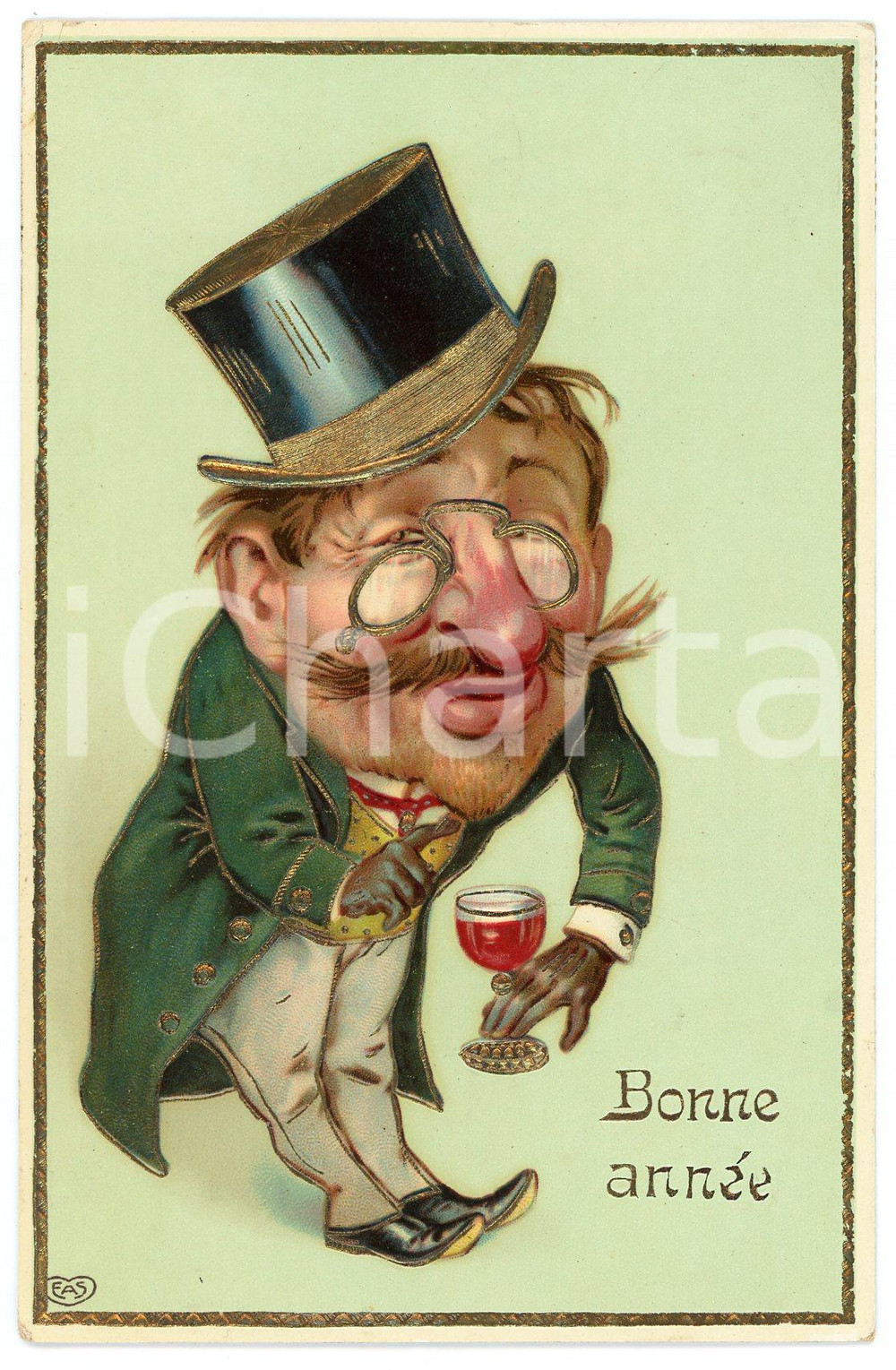 1912 BONNE ANNEE Drunk man with a glass of wine - Humour - Embossed postcard  Cartolina postale d'epoca, viaggiata.CONDIZIONI: G (smussature angolari)FORMATO: FP    originale e autentica 1