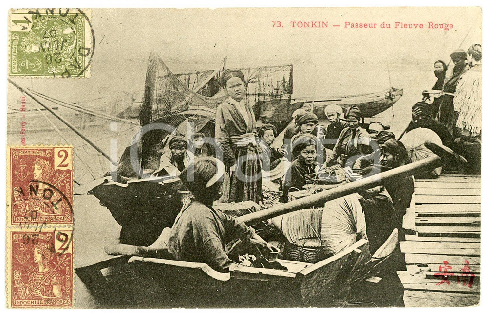 1907 TONKIN (VIETNAM) Passeur du Fleuve Rouge - French postcard ANIMATED  Cartolina postale d'epoca dell'Indocina francese, viaggiata.Timbro al verso "Gainon Etienne - Dap-Cau, Tonkin".CONDIZIONI: POOR (evidente piegatura all'angolo inferiore destro)FORMATO: FP    originale e autentica 1