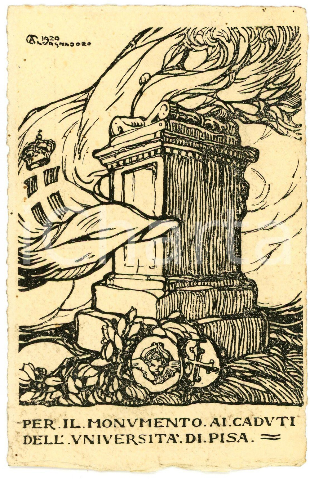 1921 Università di PISA - Bozzetto per il Monumento ai Caduti - Cartolina  Cartolina postale d'epoca, viaggiata, emessa dal Comitato Studentesco per le Onoranze ai Caduti in Guerra della R. Universit&agrave; di Pisa.CONDIZIONI: G FORMATO: FP    originale e autentica 1