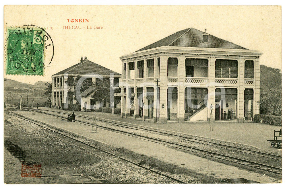 1911 TONKIN (VIETNAM) THI-CAU La gara - French postcard ANIMATED  Cartolina postale d'epoca, viaggiata.CONDIZIONI: G FORMATO: FP    originale e autentica 1