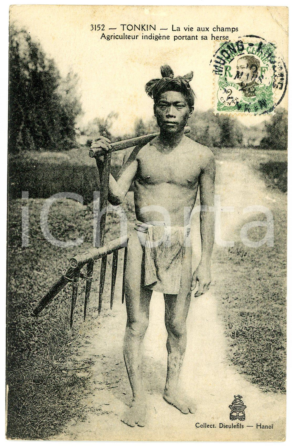 Cartolina originale da collezione 1923 TONKIN VIETNAM Agriculteur indigÃ¨ne portant sa herse  Postcard INDOCHINE 1