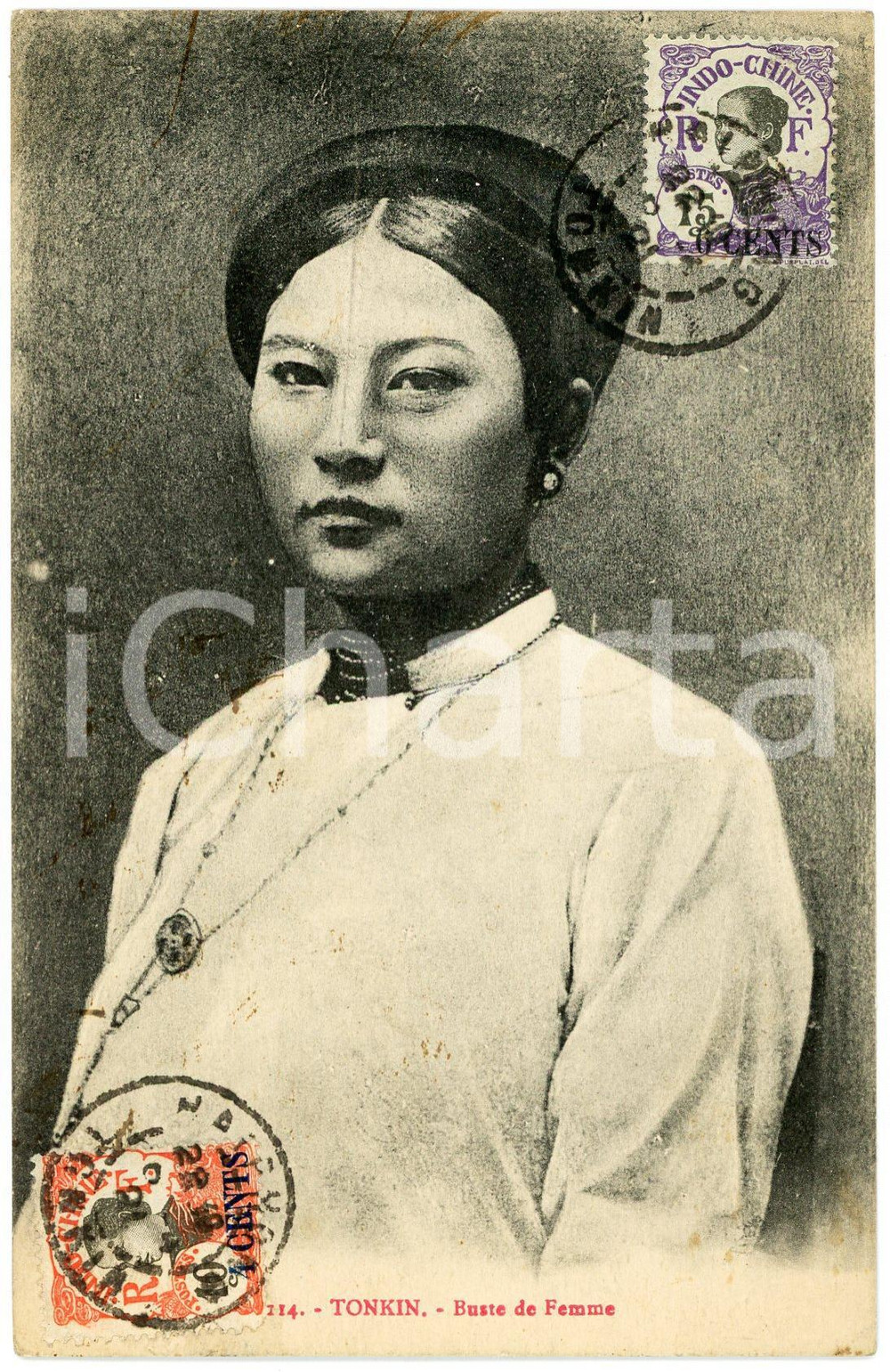 1921 TONKIN (VIETNAM) Buste de femme - Postcard INDOCHINE FRANCAISE  Cartolina postale d'epoca, viaggiata.Timbro al verso L. G. Vernon, 9&egrave;me colonial, Haipong - TonkinCONDIZIONI:  FAIR (piegatura verticale)FORMATO: FP    originale e autentica 1