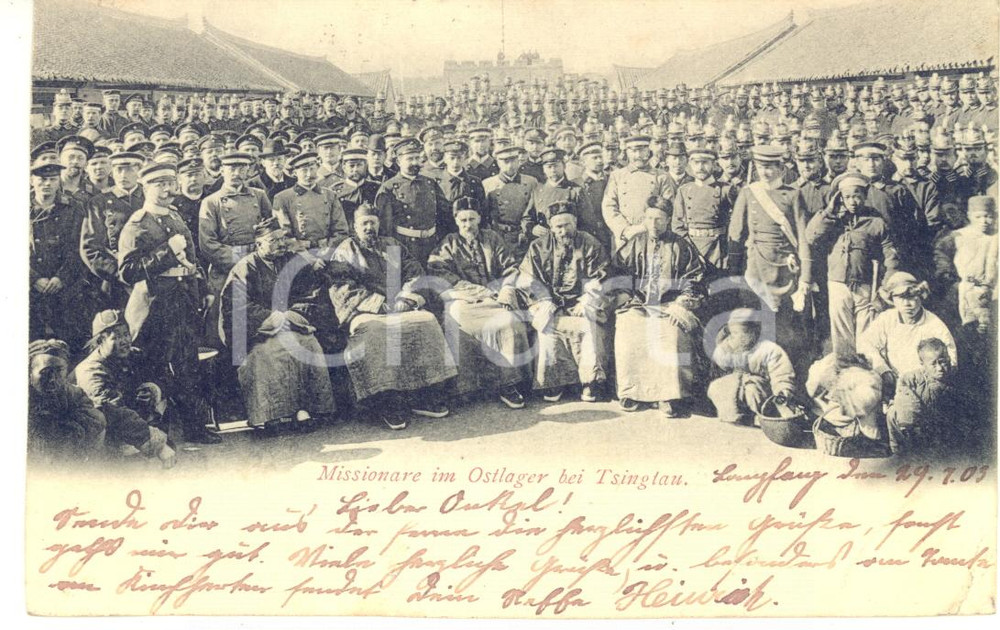 1903 TSINGTAO (CHINA) Missionaries in the East Camp - Original ANIMATED Postcard  Cartolina postale d'epoca, viaggiata.CONDIZIONI: POOR (piegature angolari al lato inferiore; francobollo asportato)FORMATO: FP    originale e autentica 1