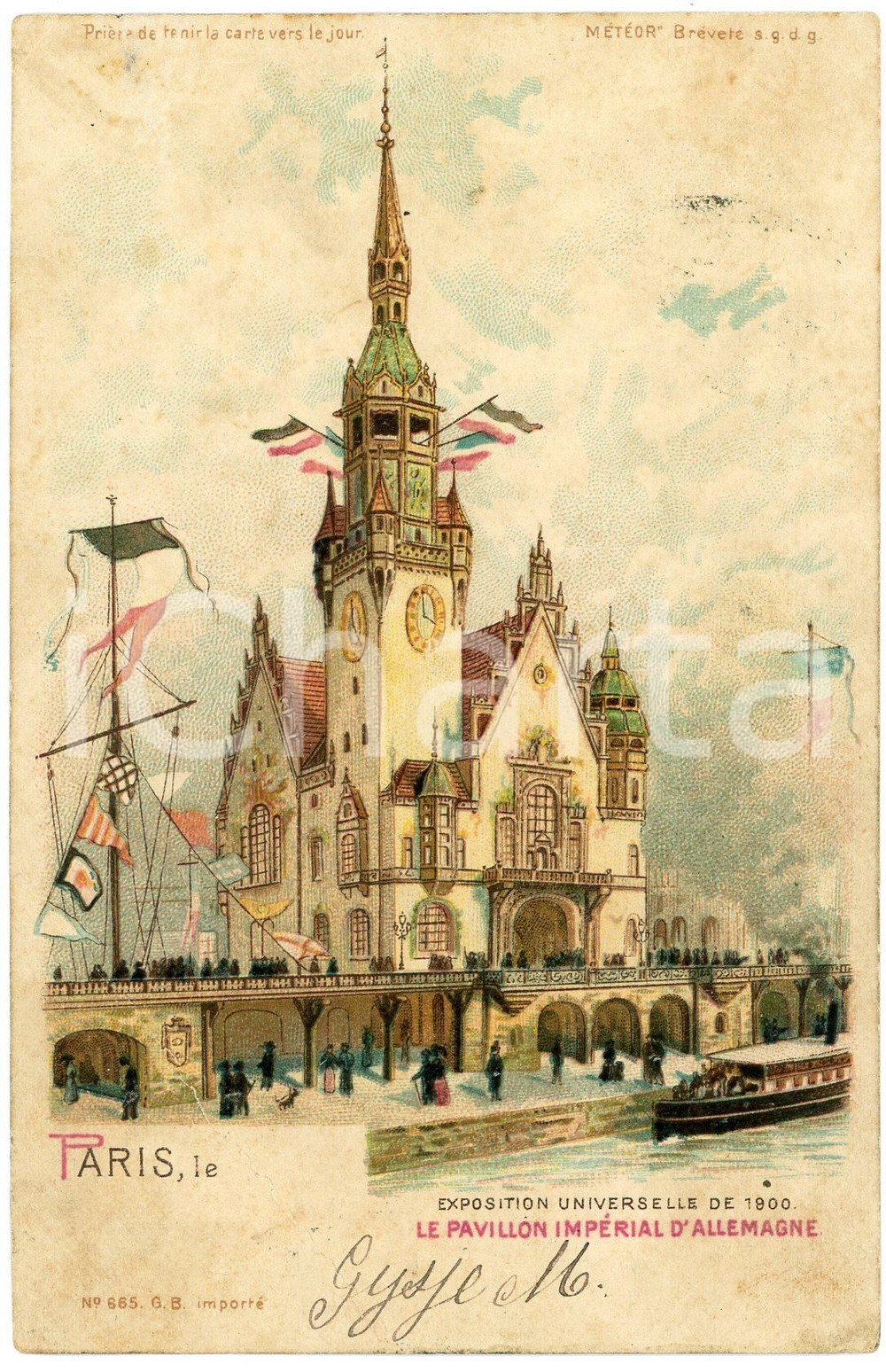 1900 EXPOSITION DE PARIS Pavillon Impérial d'Allemagne - Carte postale lumineuse  Cartolina postale d'epoca, non viaggiata.EDITORE: M&eacute;t&eacute;or CONDIZIONI: POOR (profonda piegatura all'angolo inferiore sinistro, bruniture diffuse)FORMATO: FP    originale e autentica 1