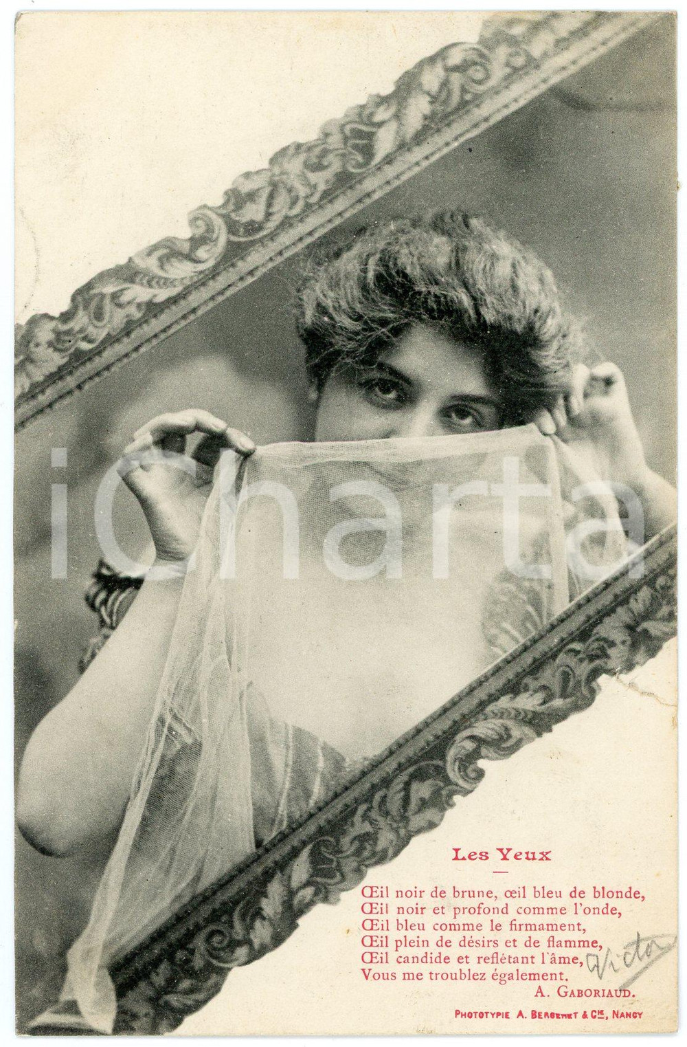 1901 FEMININE BEAUTY Les Yeux (Gaboriaud) - Woman with a veil - French postcard  Cartolina postale d'epoca, viaggiata.CONDIZIONI: POOR (strappo al lato destro)FORMATO: FP    originale e autentica 1