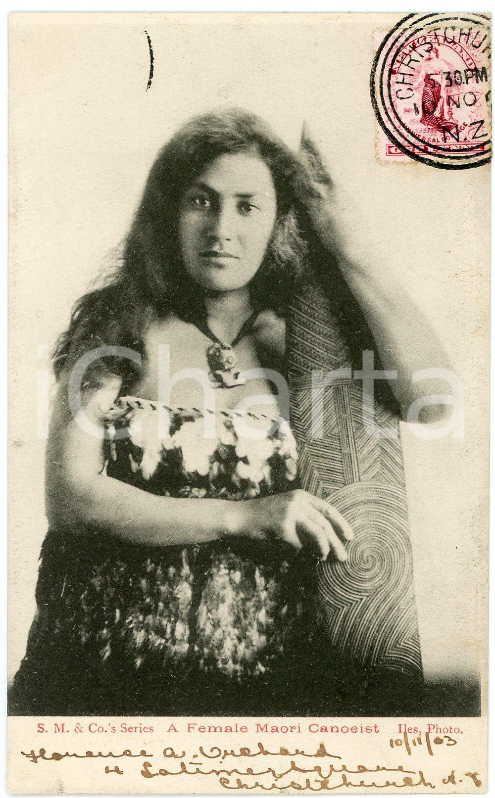 1903 NEW ZEALAND - A female MAORI canoeist - TYPES ETHNIC Postcard  Cartolina postale d'epoca, viaggiata.CONDIZIONI: GFORMATO: FP    originale e autentica 1