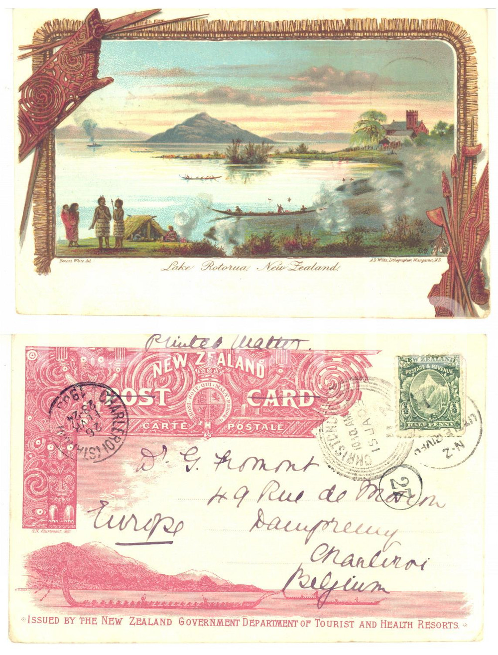 1903 LAKE ROTORUA (NEW ZEALAND) View - ILLUSTRATED old postcard  Cartolina postale d'epoca, viaggiata.CONDIZIONI: G (minime sbrecciature angolari)FORMATO: FP    originale e autentica 1
