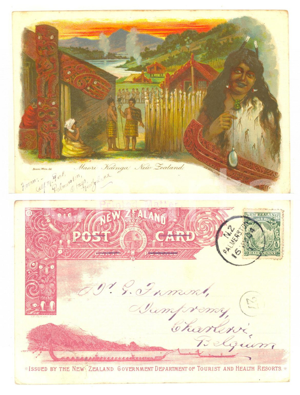 1904 NEW ZEALAND Maori Kainga - ILLUSTRATED old chromo  postcard  Cartolina postale d'epoca, viaggiata.CONDIZIONI: G (minime smussature angolari)FORMATO: FP    originale e autentica 1