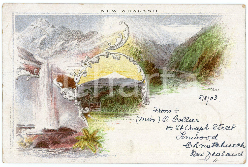 1903 NEW ZEALAND- Views Mount Egmont - Otira Gorge - Illustrated postcard  Cartolina postale d'epoca, illustrata. viaggiata.CONDIZIONI: G FORMATO: FP    originale e autentica 1